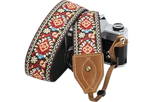 Padwa Lifestyle Camera Strap - 2” Wide Classic Vintage Crazy Horse Cowhide Head Embroidered Woven Camera Straps for All DSLR and Mirrorless Cameras,Great Gift for Men & Women Photographers -Red Flower