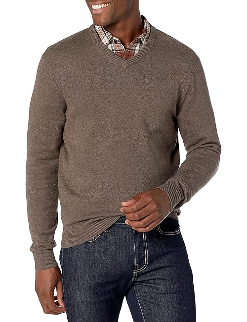 Amazon Essentials Men's V-Neck Pullover Sweater (Available in Big & Tall), Brown Heather, Medium