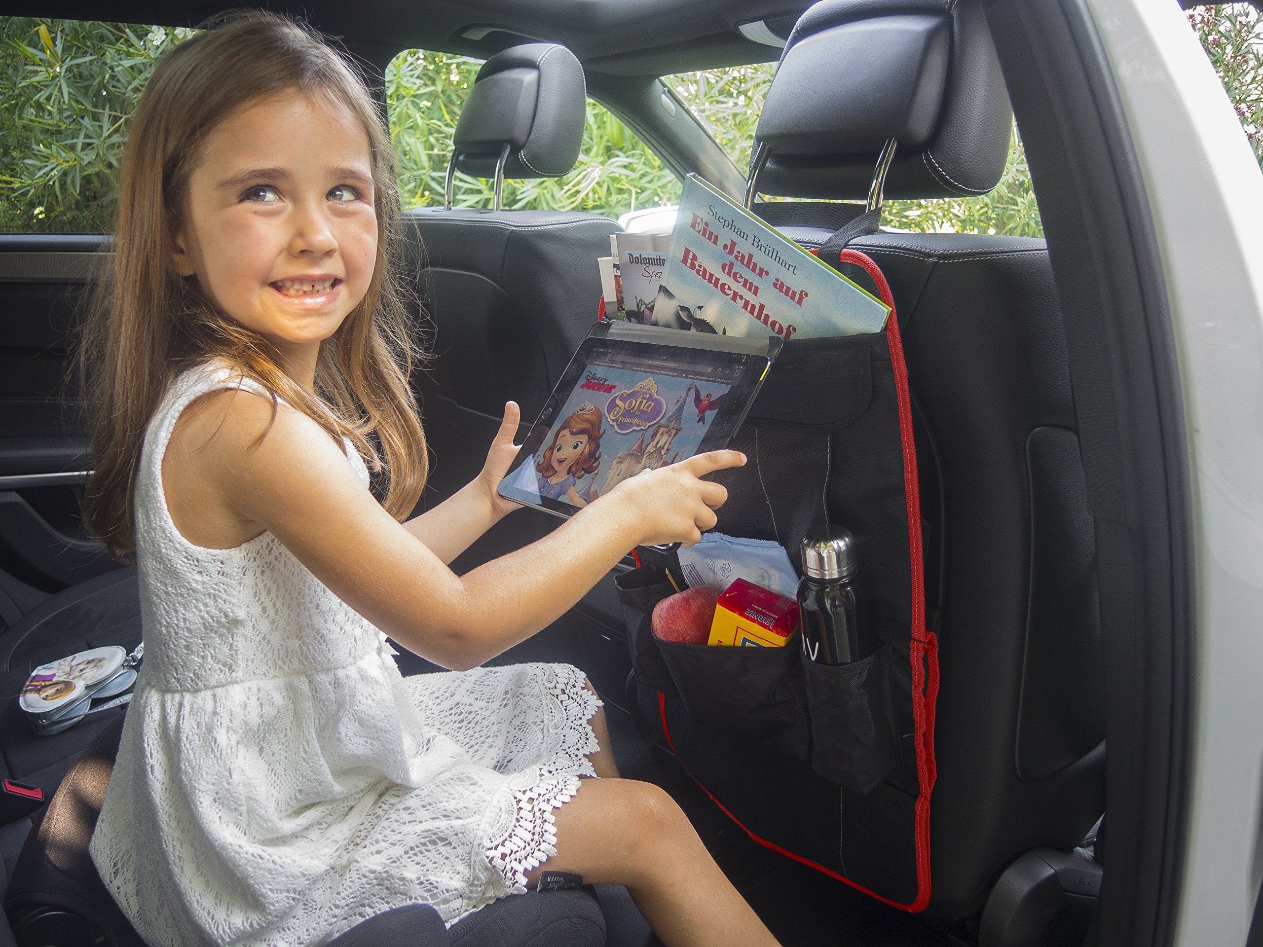 Protector asiento coche | organizador multi-bolsillos | MYCARCADDY TO GO | kick mat para ninos | evita arañazos y daños en el respaldo del asiento | con bolsillo para I-PAD tablet | NEGRO/ROJO