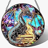 Stained Glass Window Hanging, 8 Inch Dragon Stained Glass Suncatcher, Sun Catchers Indoor Window, Suncatchers for Windows Hanging, Book Lover Christmas Ornament, Perfect for Bookworms