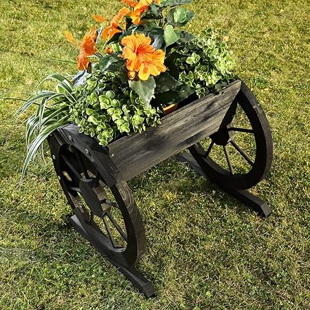 Mui Pflanzkubel Wagenrader Holz Garten Dekoration Blumentrog Holzkasten Schwarz Amazon De Garten