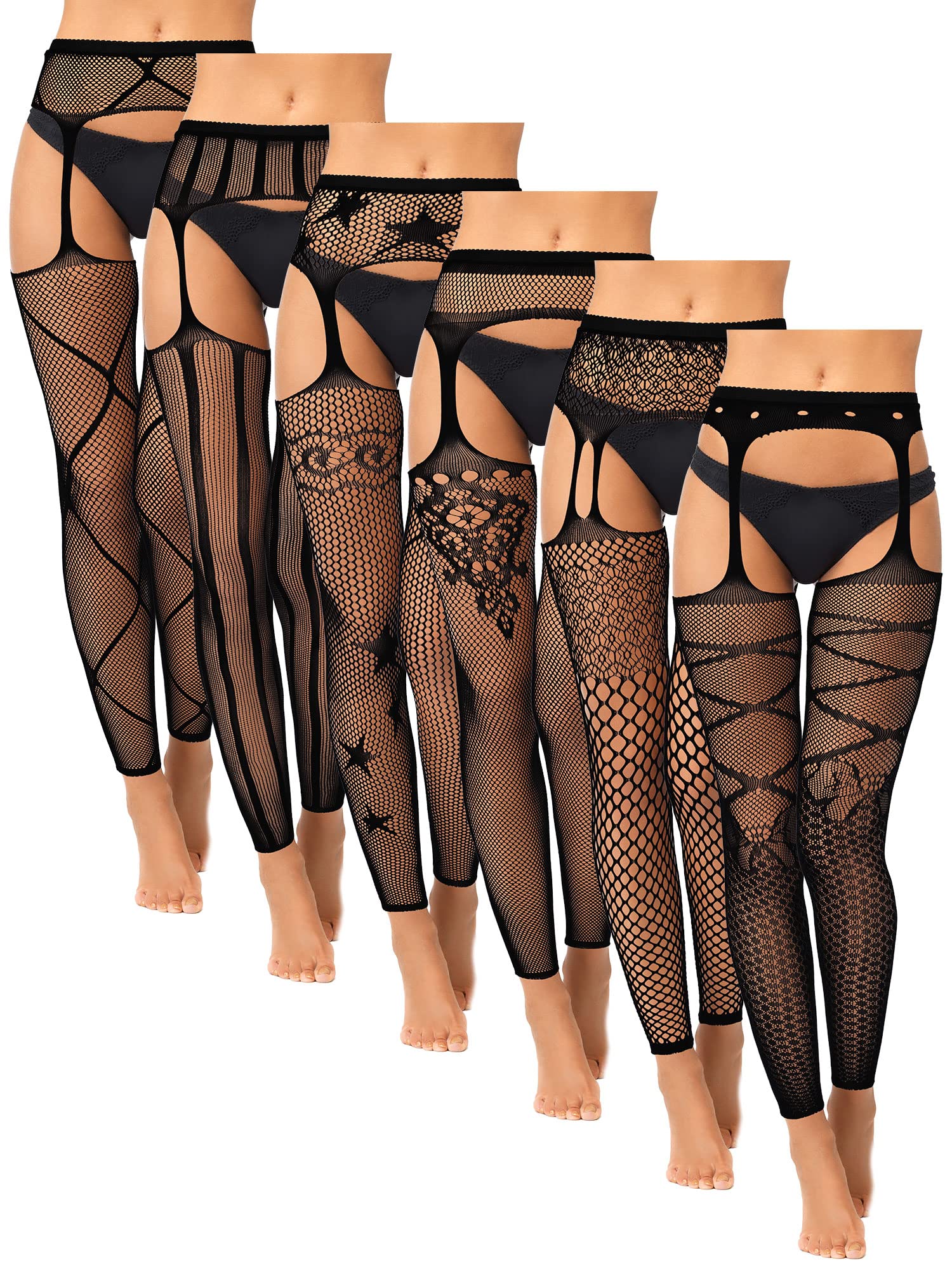 Photo 1 of 6 Pairs Fishnet Stockings for Women Footless Tights High Waist Suspender Pantyhose Garter Belt Leggings for Halloween(Star)