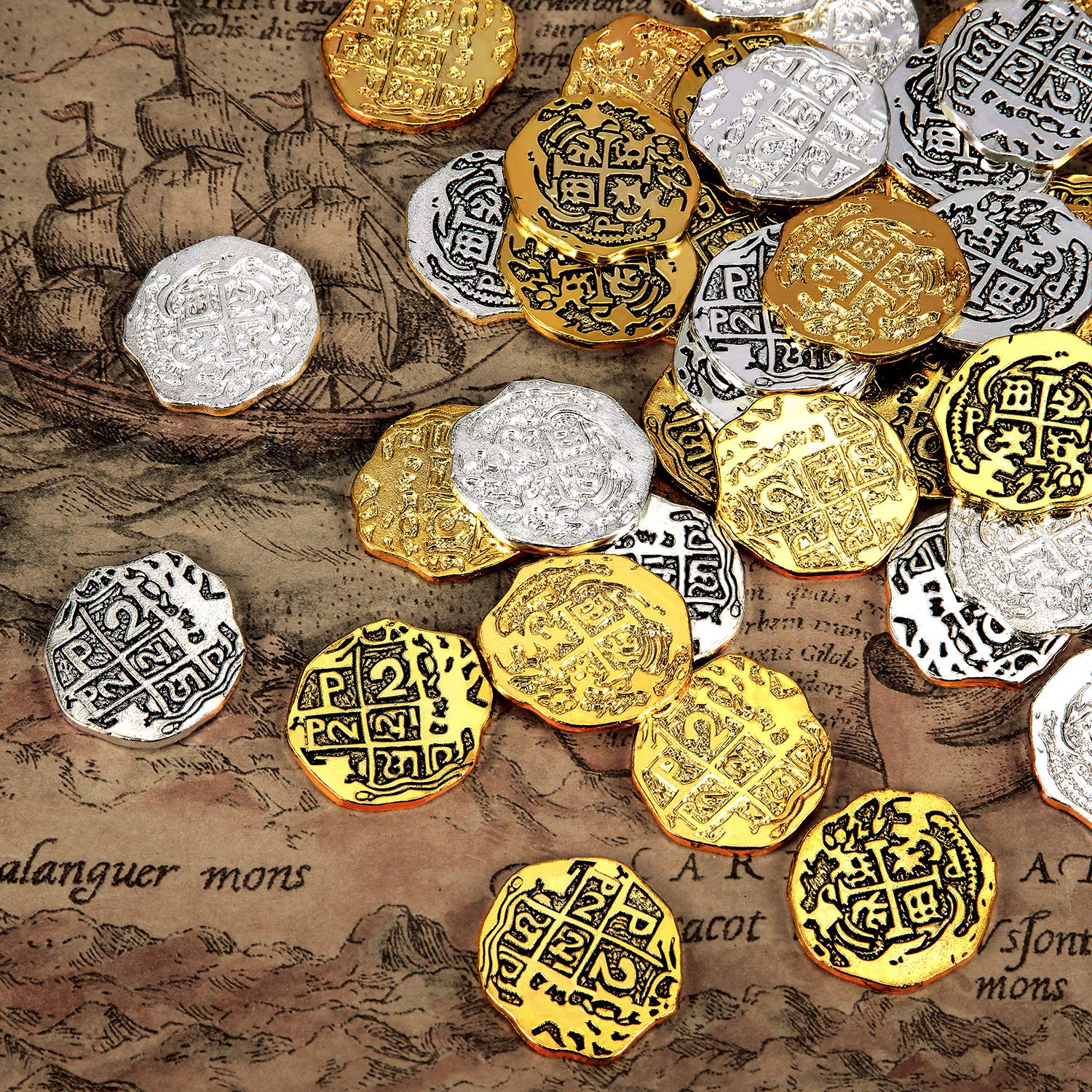 Hicarer 60 Pieces Metal Pirate Coins Set - Pirate Coins - Color Set 1 (15 Gold, 15 Silver, 15 Antique Gold, 15 Antique Silver) - Big Kid, Youth - 1.1 inch - Zinc Alloy - No Batteries Required