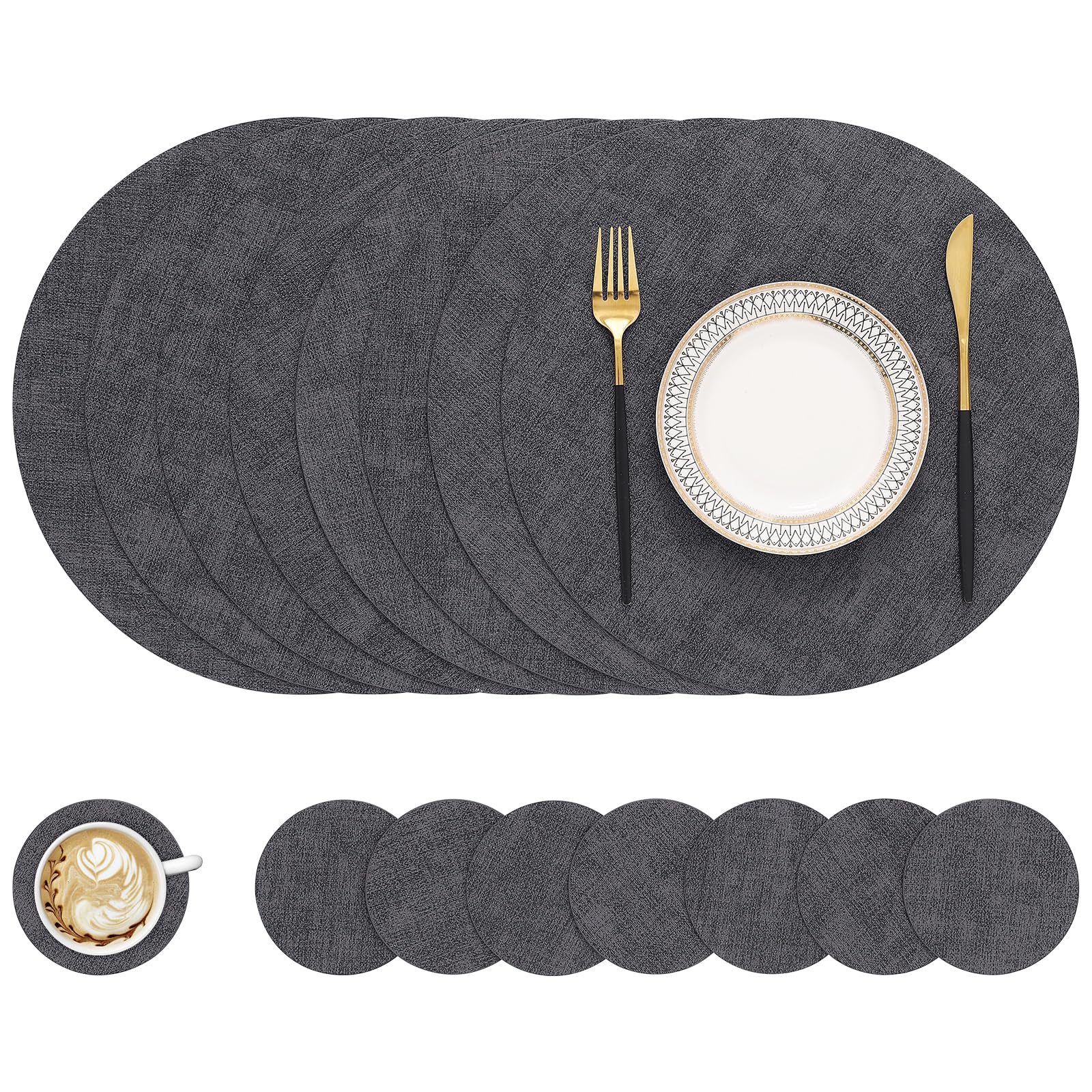homing Round Faux Leather Placemat and Coaster 8 Packs, Washable Heat Resistant Dining Place Mats, Wipeable Double-Sided Table Mats for Indoor and Outdoor, Diameter 13 and 3.93 inch, Charcoal Image