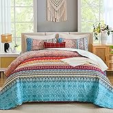 WONGS BEDDING Bohemian Quilt Set Queen Size, Boho Striped Pattern Bedspread Set for All Season, Microfiber Lightweight Coverlet Bedding Set 96"x90"(3 Pieces, Colorful)
