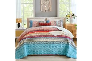 WONGS BEDDING Bohemian Quilt Set King Size, Boho Striped Printed Bedding Bedspread Coverlet Set for All Season, Lightweight Microfiber Quilts with 2 Pillowcases 104"x90" (3 Pieces, Colorful)