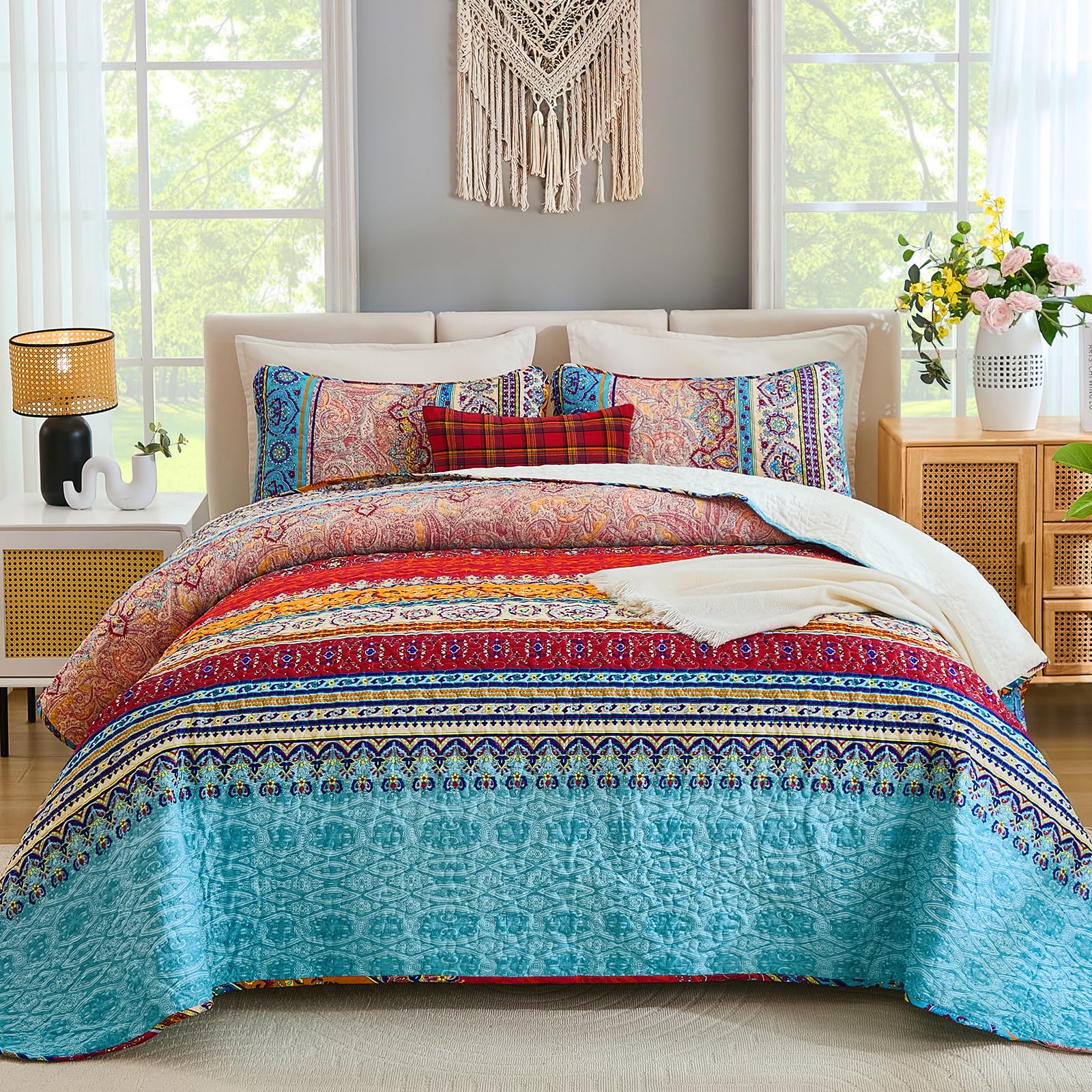 WONGS BEDDING Bohemian Quilt Set Twin Size, Boho Striped Printed Bedding Quilts Coverlet Set with Pillow Shams, Lightweight Microfiber Bedspread Set for All Seasons (2 Pieces, Twin) Image