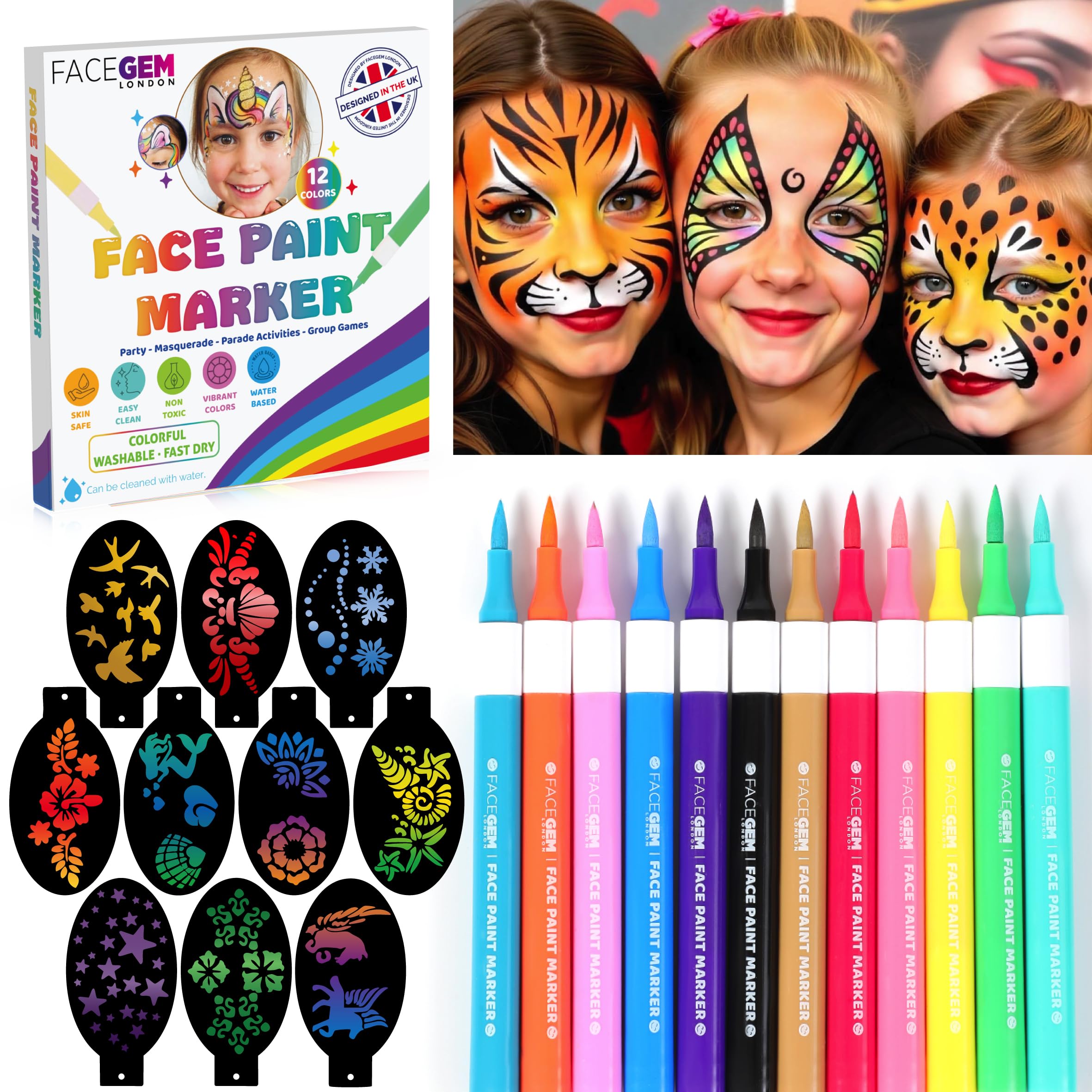 Photo 1 of 12 Colour Face Paint – Water-Based – Mess-Free Face Painting Kit with Stencils – Fast-Drying, Washable, Easy to Clean, Non-Toxic Face Paint for Festivals, Parties, Masquerade, Fancy Dress, Carnival