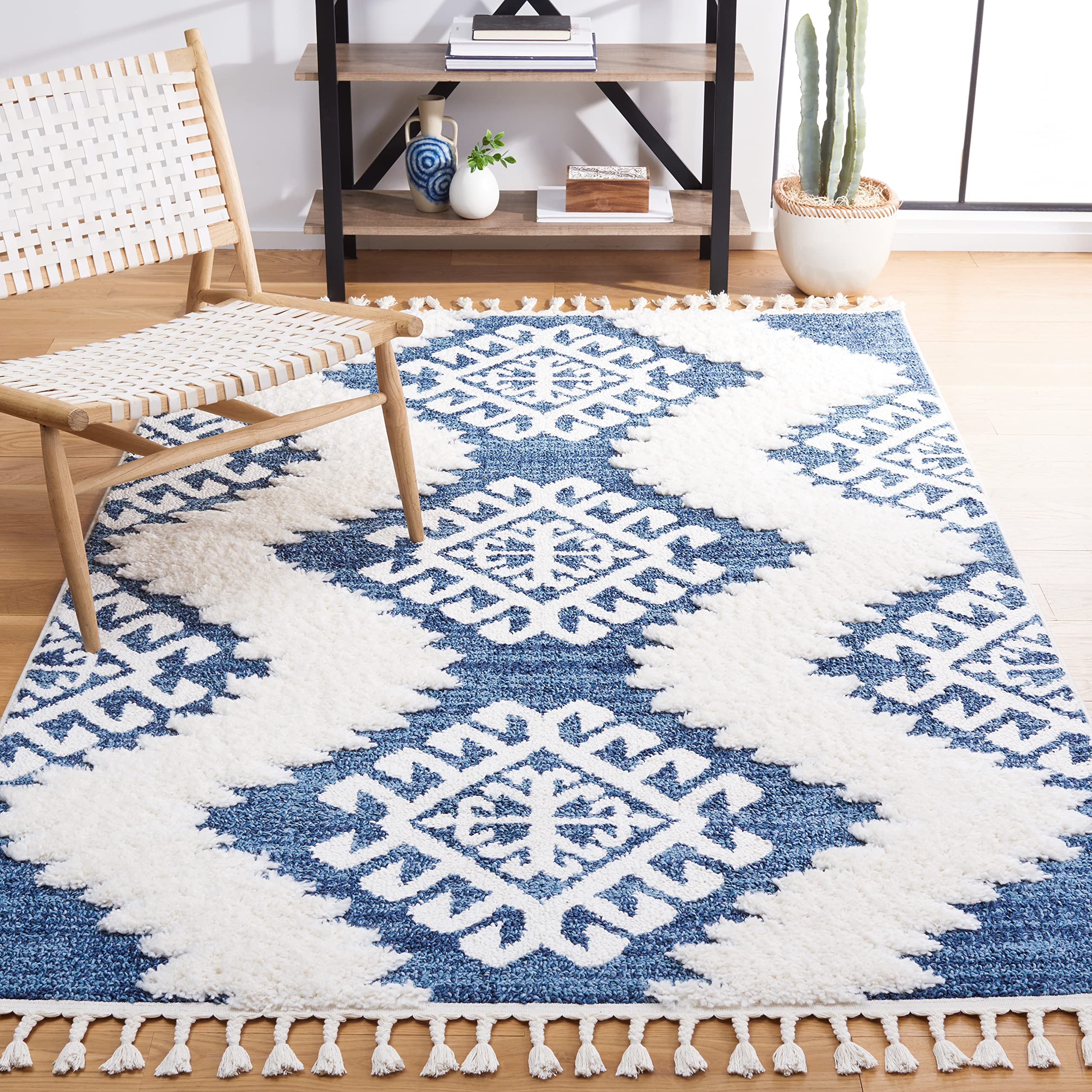 SAFAVIEH Moroccan Tassel Shag Collection Area Rug - 6'7" Square, Blue & Ivory, Boho Design, Non-Shedding & Easy Care, 2-inch Thick Ideal for High Traffic Areas in Living Room, Bedroom (MTS652M) Image