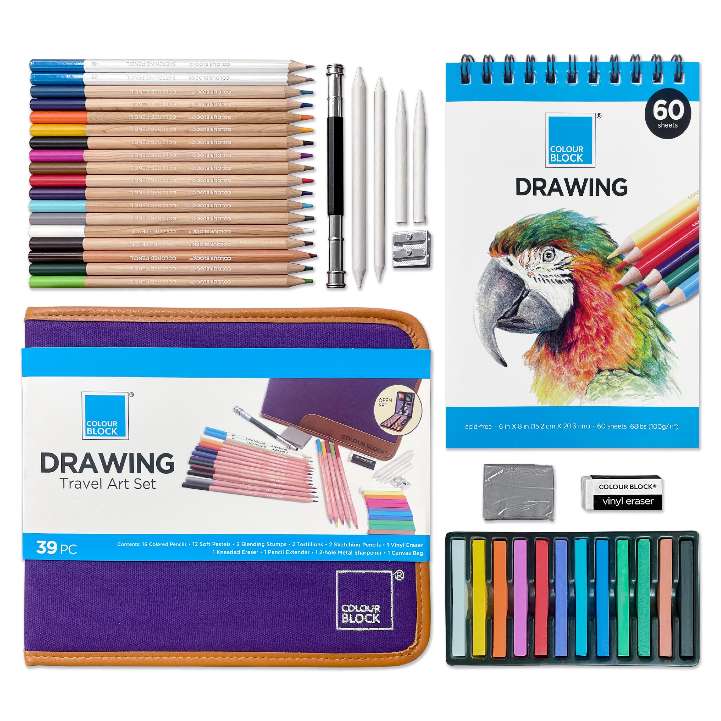 COLOUR BLOCK 40 Piece Drawing Travel Art Set in a Canvas Zippered Case, with 16 Colored Pencils, 12 Soft Pastels, Sketching Pencils, Drawing Pad, and Assorted Tools