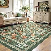 Deerly Green Floral Area Rug 5x7 Vintage Boho Washable Non-Slip Living Room Carpet Soft Low Pile Thin Bedroom Floor Mat Indoor Home Decor for Dining Room Playroom Nursery Farmhouse, Green/Multi