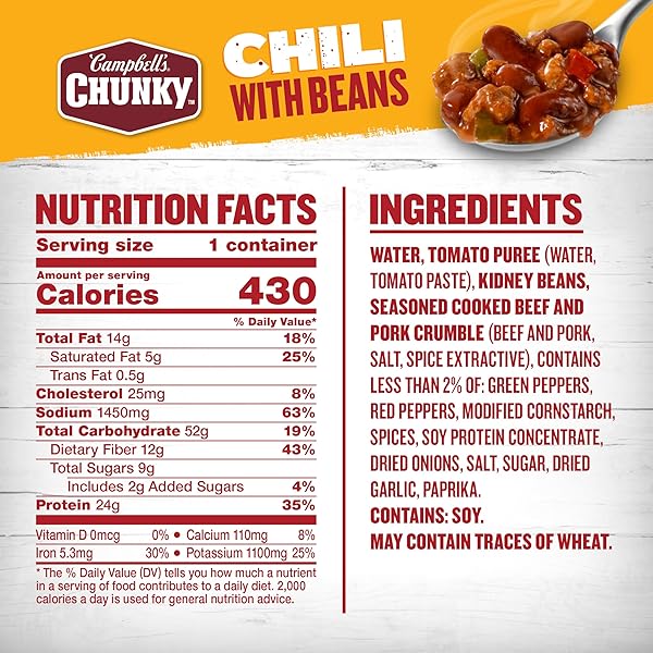 CAMPBELL’S CHUNKY CHILI WITH BEANS, 15.25 OZ. MICROWAVABLE BOWL