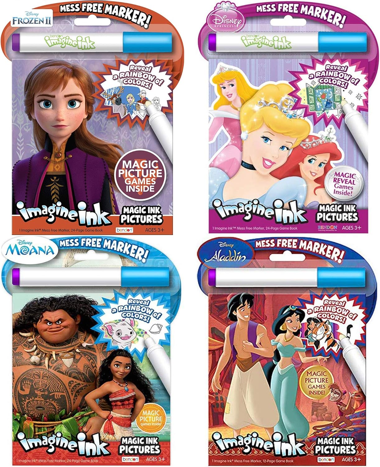 Disney Mess Free Marker Coloring Activity Book 4-Pack with Calendar Bag: Frozen, Aladdin, Moana, and Sleeping Beauty