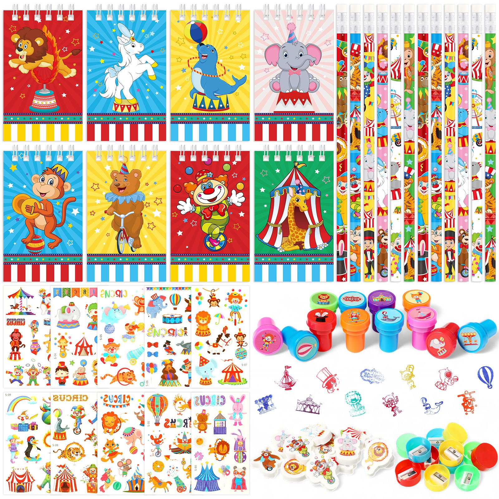 Photo 1 of Pasimy 70 Pcs Carnival Party Favors Circus Party Favors Clown Animal Mini Notebook Pencil Sticker Sharpener Eraser Carnival Theme Goodie Bag Fillers Circus Gift for Birthday Baby Shower Supplies
