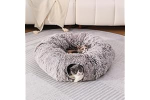 RYpetmia Plush Cat Tunnel Bed for Indoor Cats with Soft Cushion, Multi-Shape Play Cave with Hanging Balls, Large and Foldable Cat Donut Tunnel for Small and Large Pets (Brown)