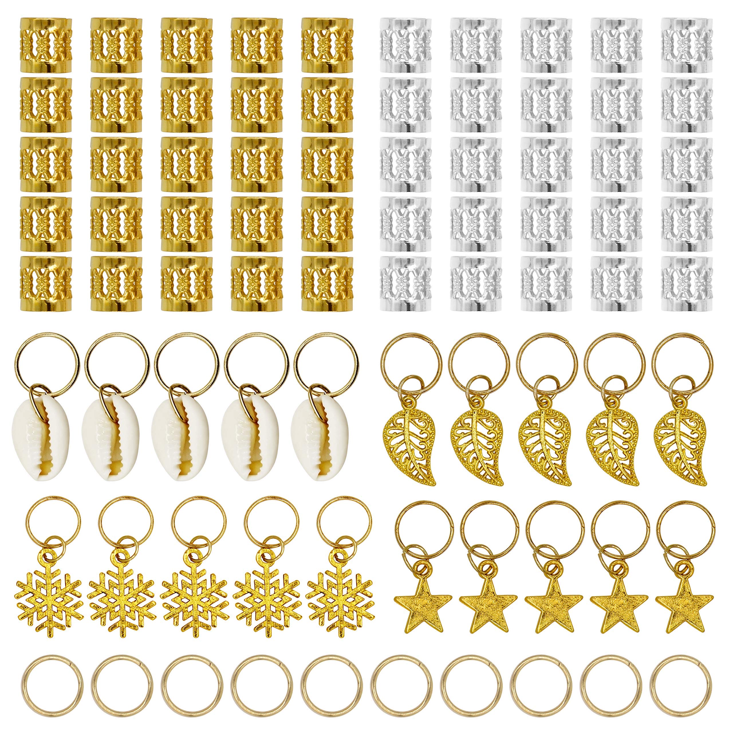 Beayuer 80 Pieces Hair Beads for Braids Hair Jewelry Rings Aluminum Hair Accessories Dreadlocks Metal Hair Cuffs Decorations Pendants for Passion Twist Crochet Braiding Hair (80 Pcs, Gold and Silver)