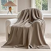 FALUCA Cotton Muslin Reversible Blanket 50x60 Inches for Bed, Couch, Four Layers Blanket, Soft Lightweight Cozy Breathable Farmhouse Decoration for All-Season, Brown