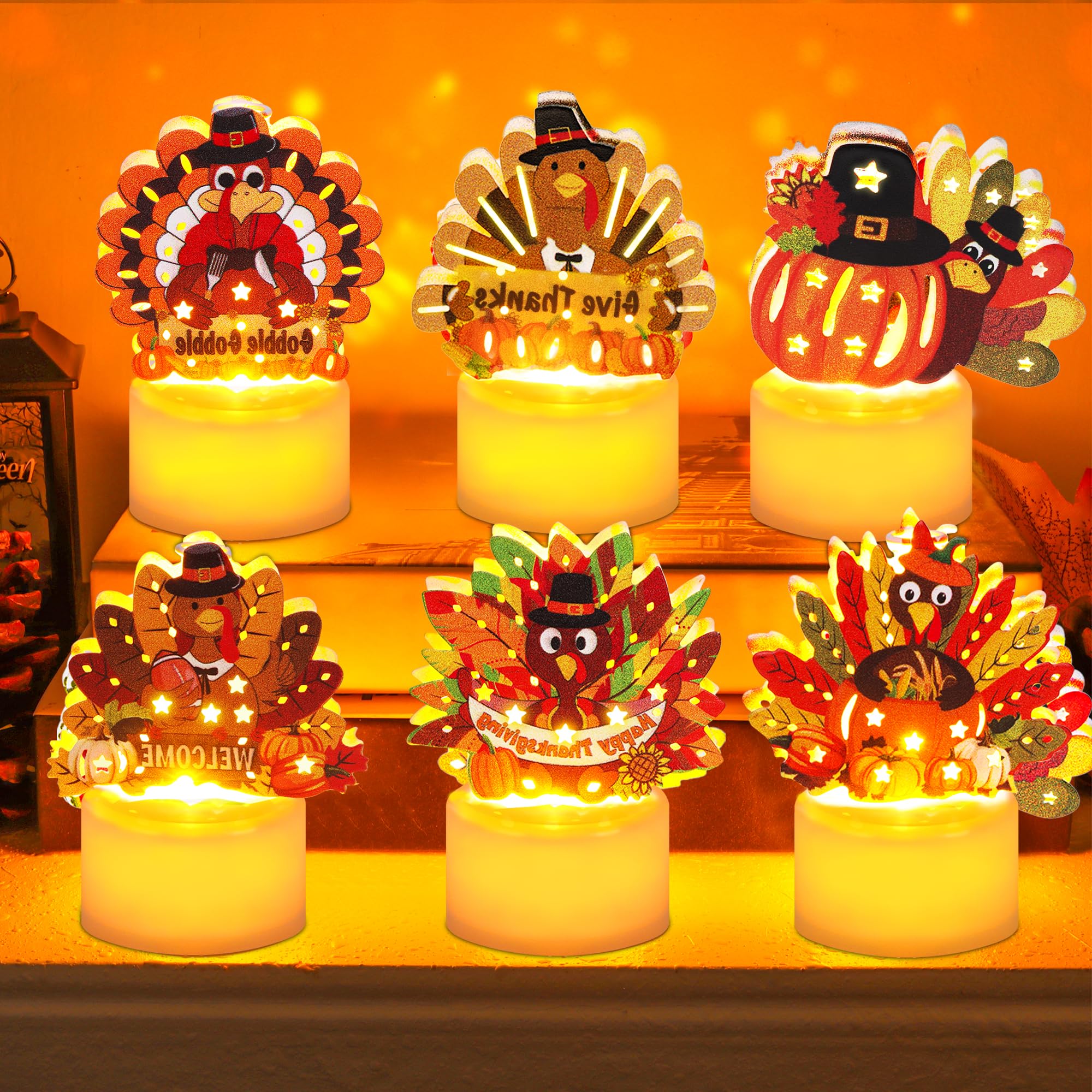 Photo 1 of 6 PCS Turkey Tea Lights Candles Thanksgiving Table Decorations, LED Flameless Tealight Candles Battery Operated Thanksgiving Decorations Centerpieces Turkey for Table Home Indoor Party Decor Gifts