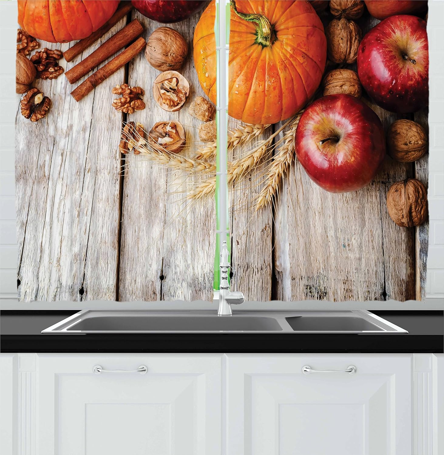 Ambesonne Fruits Decor Collection, Wood Background with Pumpkin Apples Wheat Honey and Nuts Farmhouse Rural Image, Window Treatments for Kitchen Curtains 2 Panels, 55 X 39 Inches, Orange Red Peru Tan