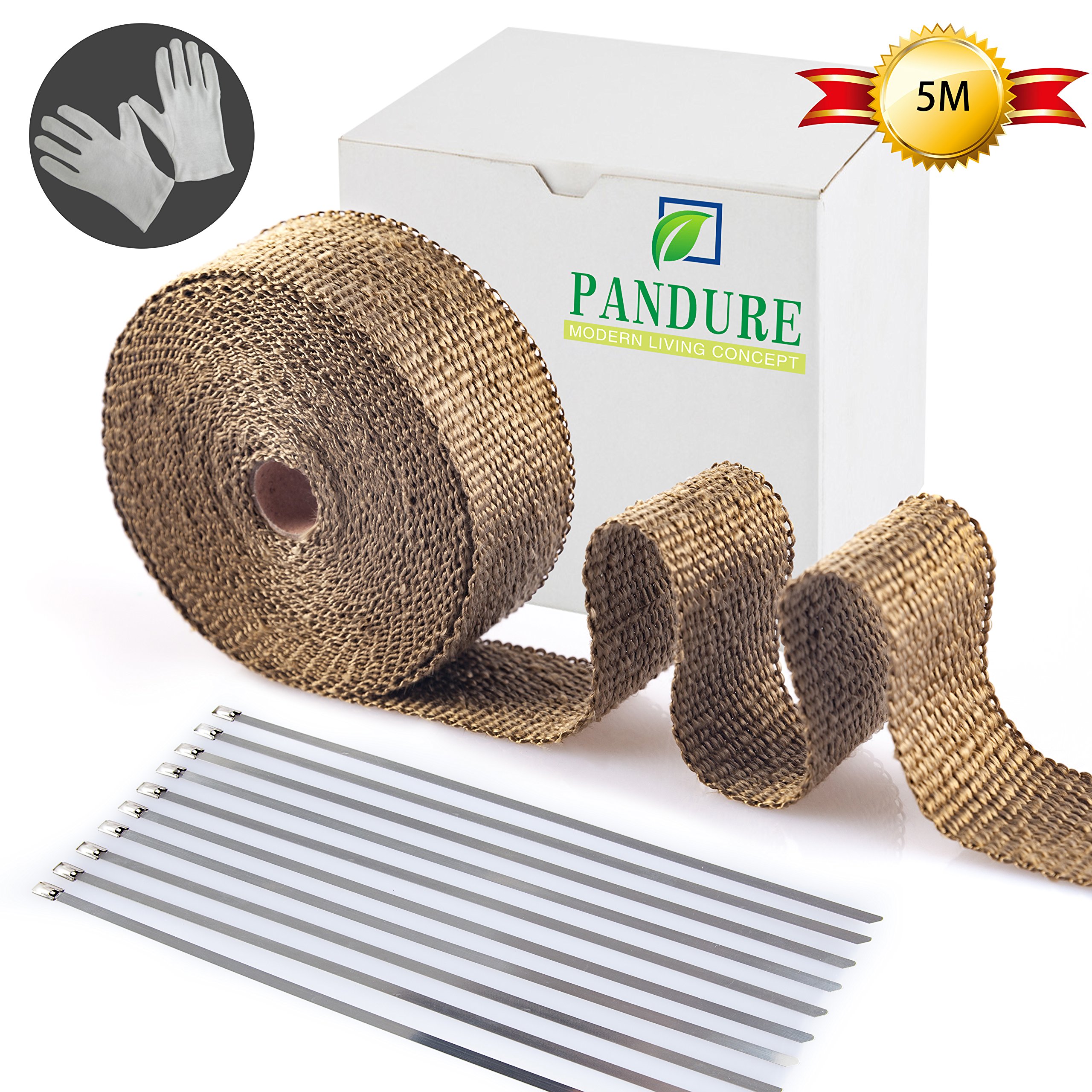 Pandure Titanium Lava Fiber,Exhaust Heat Wrap,Exhaust Header Wrap,Kit for Motorcycle with Stainless Ties (5M, Gold)