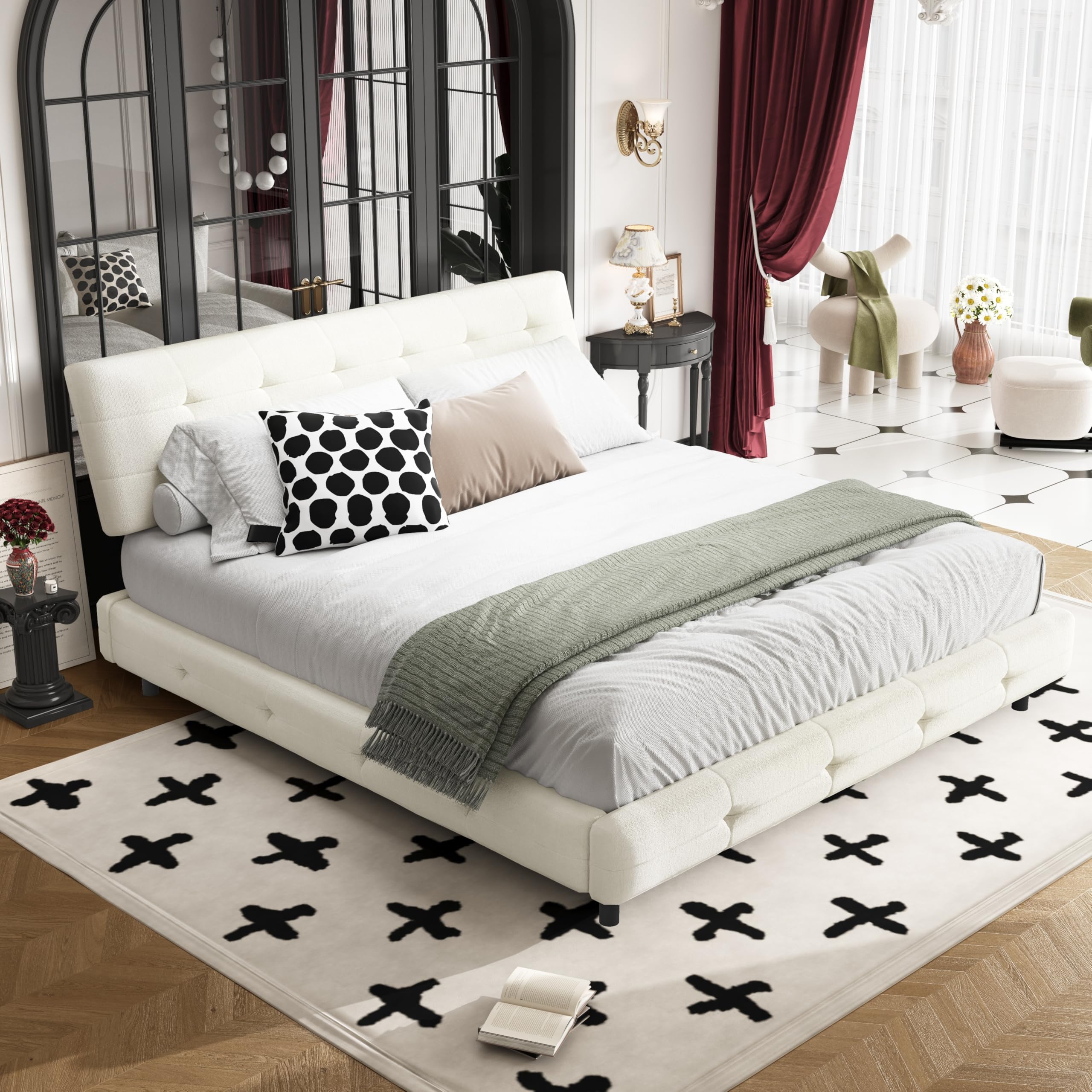 Photo 1 of ***UPDATED 4/26***King Size Bed Frame with Ultra-Soft Cloud Pillow Tufted Headboard, Chenille Upholstered Platform Bed with Metal & Wooden Double-Slat Support, Sturdy Noise-Free Structure, No Box Spring Needed, White