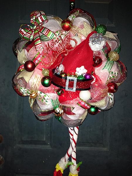 NEW HANDMADE CHRISTMAS SANTA DECO MESH WREATH WITH SANTA HAT AND LEGS AND IT LIGHTS UP!!