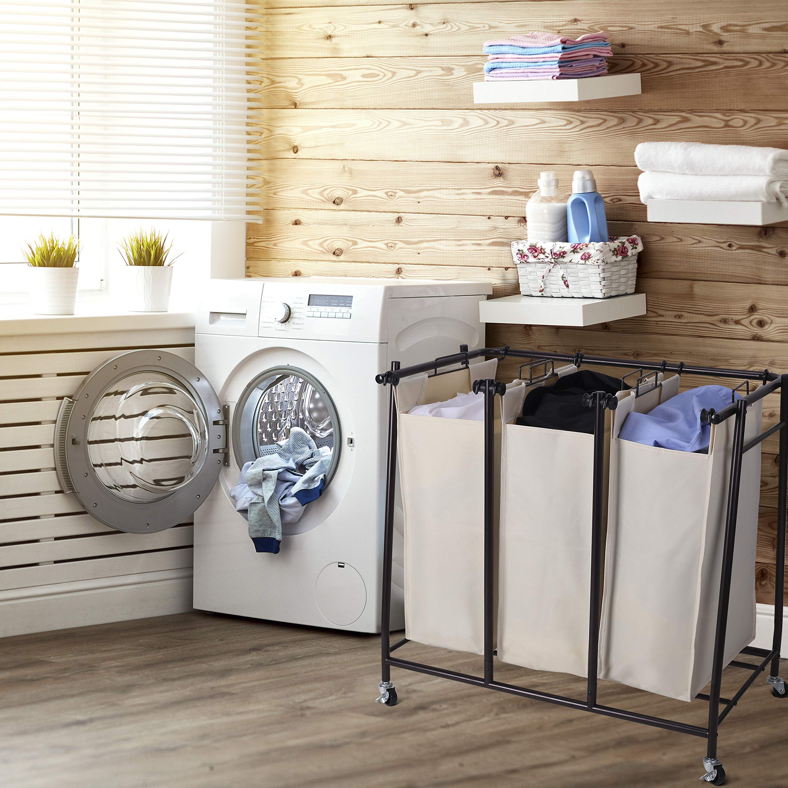 Mythinglogic Laundry Sorter Rolling Laundry Hamper with 3 Removable Laundry Bags Heavy-Duty Laundry Room Organizer Laundry Cart with Wheels Oil Rubbed Bronze