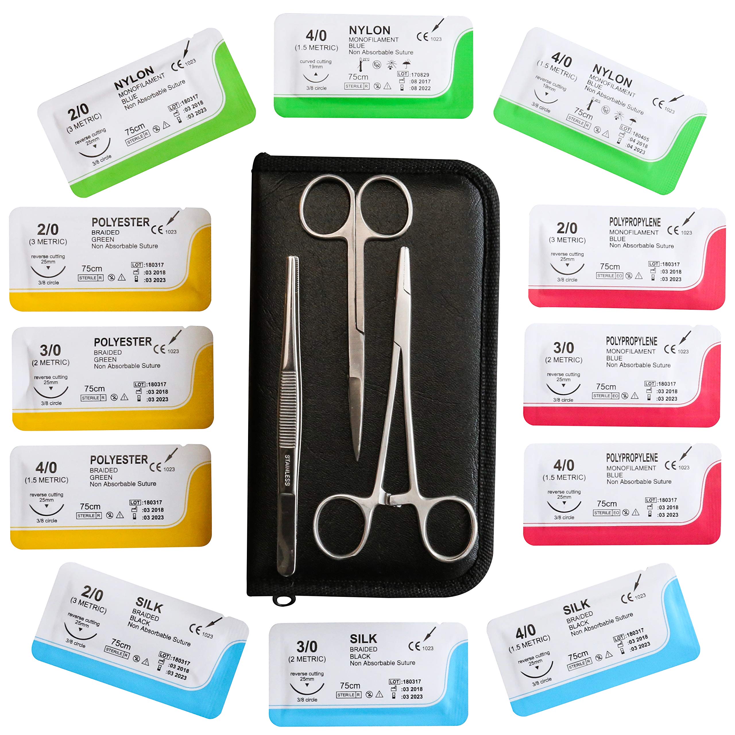 Suture Kit Stainless Steel 3 Tool Instrument with 12 Assorted Sutures