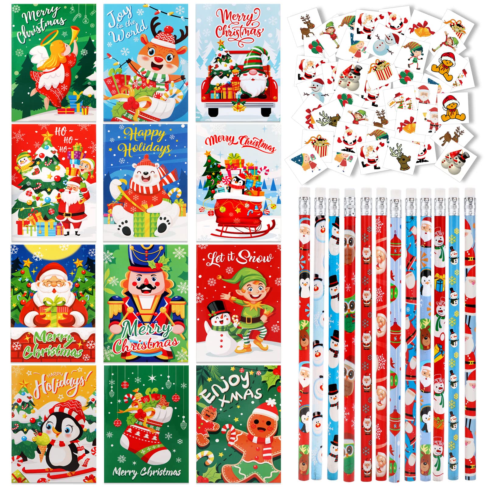 HOWAF Mini Christmas Notepads Pocket Notebooks and Christmas Pencils with Eraser, Christmas Tattoos for Kids Christmas Eve Box Fillers Xmas Stocking Fillers Gifts Party Favours for Boys and Girls