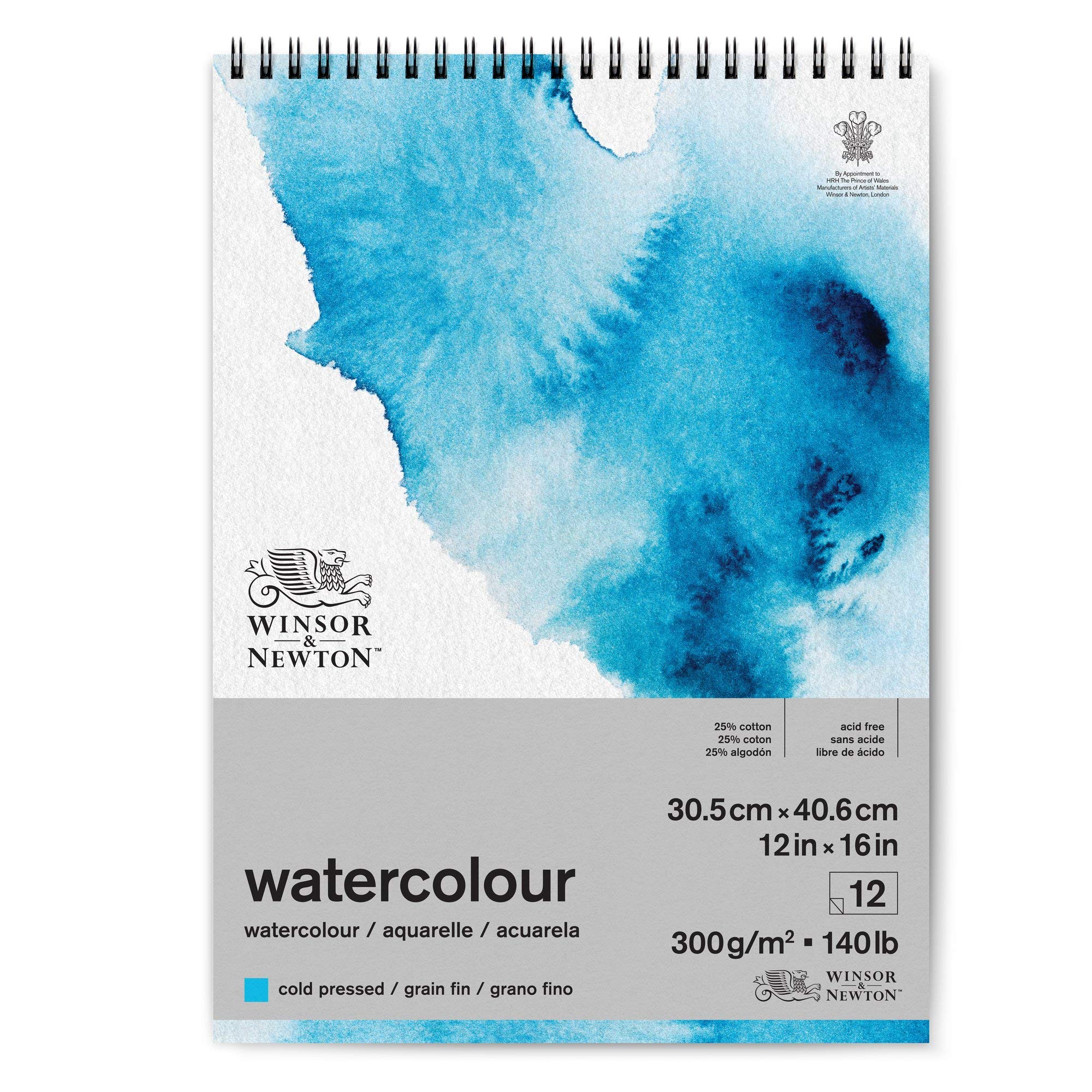 Winsor and Newton Watercolour Paper Pad, 30.5 x 40.6 cm, 12 Sheets, 300 g/m, Spiral Bound, Cold Pressed, Acid , Mixture of 25 Percent Cotton and Cellulose Fibres, Natural White