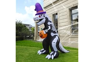 Twinkle Star 8 FT Halloween Inflatables Lighted Skeleton Dinosaur Hold Pumpkin, Tyrannosaurus T-Rex with Build-in LED, Animated Yard Prop, Giant Lawn Decorations, Outdoor Indoor Holiday Blow up Decor