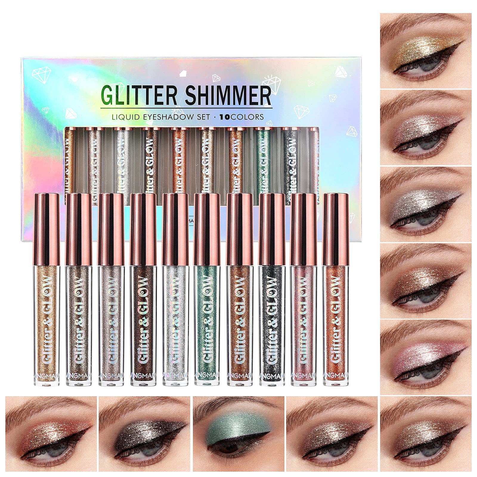 10 Colors Liquid Glitter Eyeshadow Set, Metallic Glitter Shimmer Naked Smokey Eye Looks Waterproof Long Lasting Quick-Drying Sparkling Eye Shadow Makeup Kits