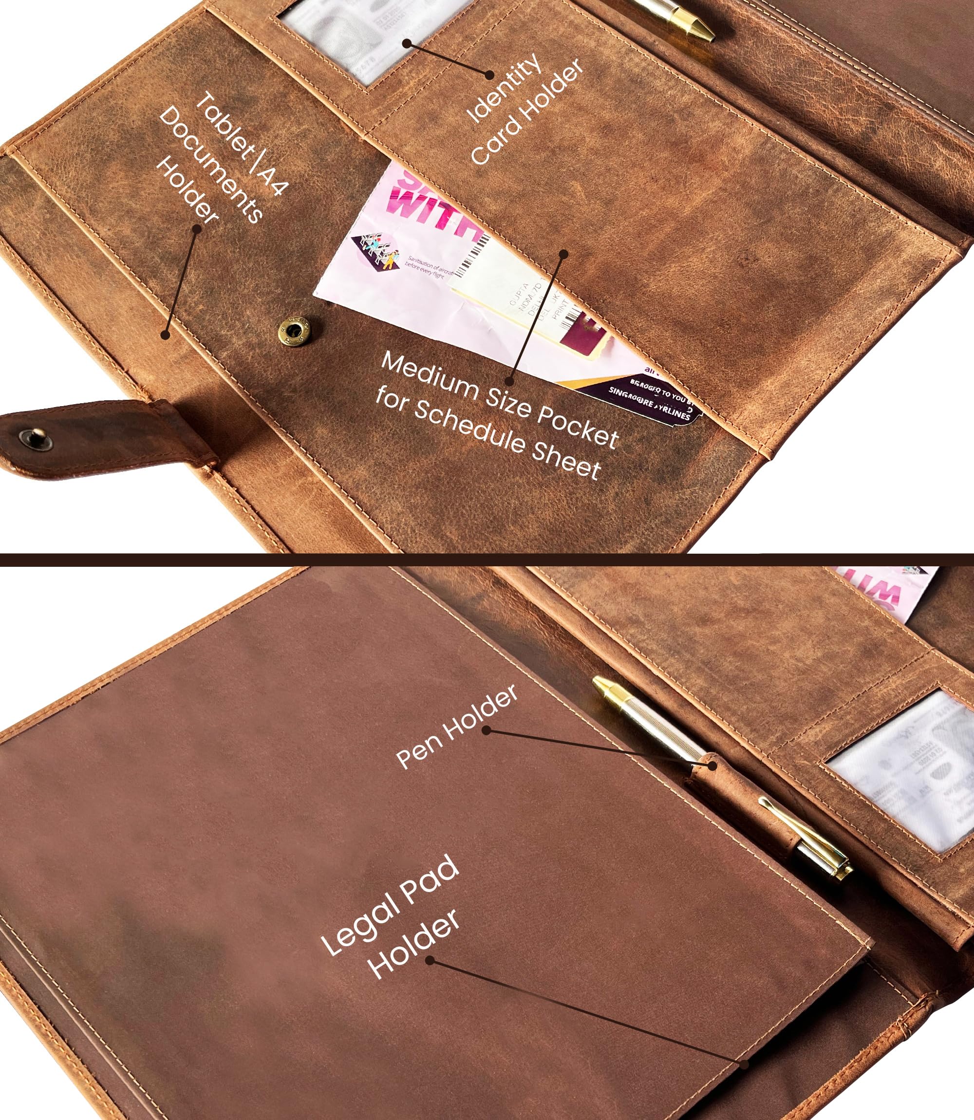 Leather A4 Conference Folder | Professional Organizer for Men and Women | Handmade Durable Leather Portfolio with Sleeves for Documents and Notepad by Rustic Town (Brown)