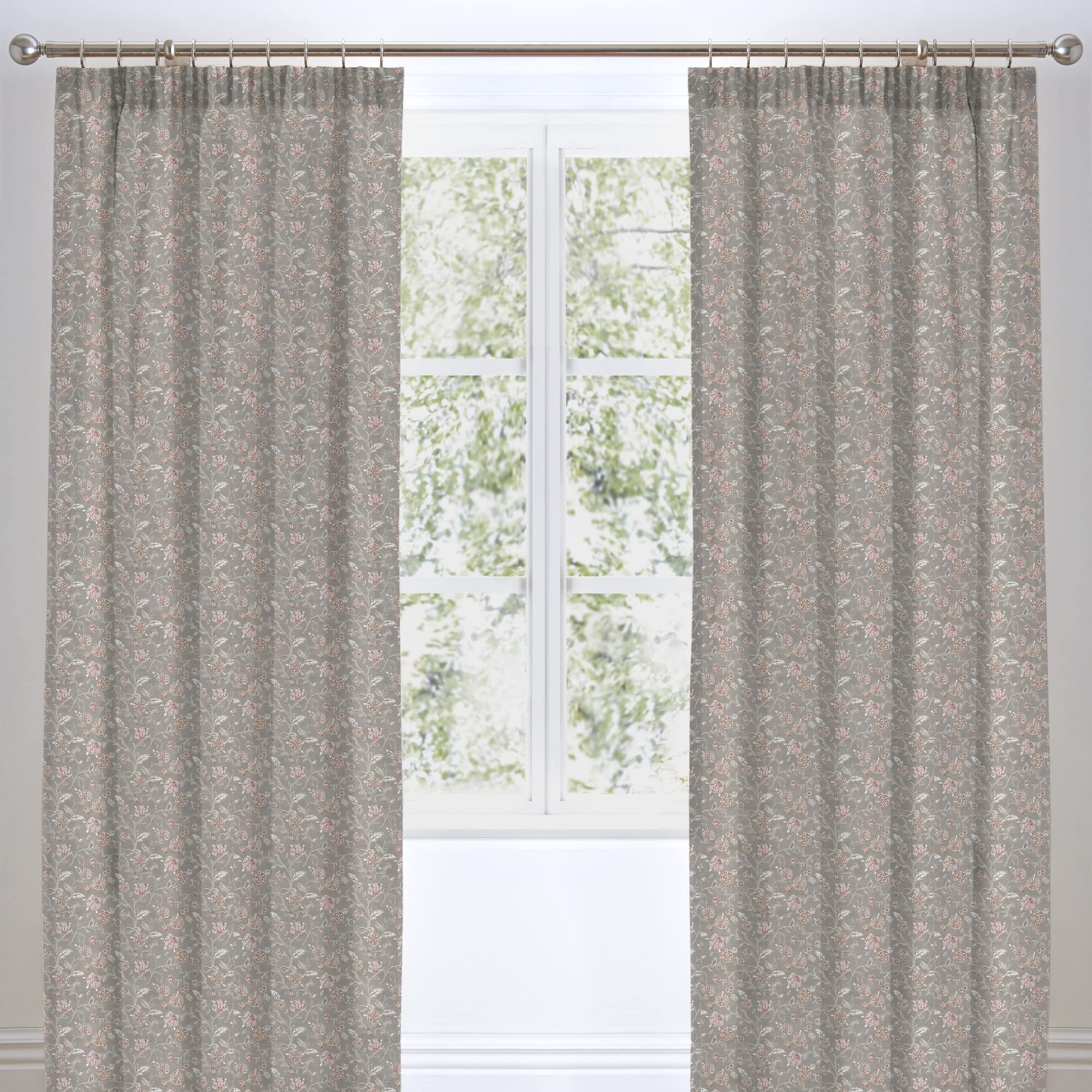 Appletree - Grey Floral Curtains W66 x L72 (168 x 183cm) - 2 Panels - Blackout Curtains - 100% Cotton - Lined - Flower Print Curtains in Grey - Vintage Grey Pencil Pleat Curtains - Pleated Curtains