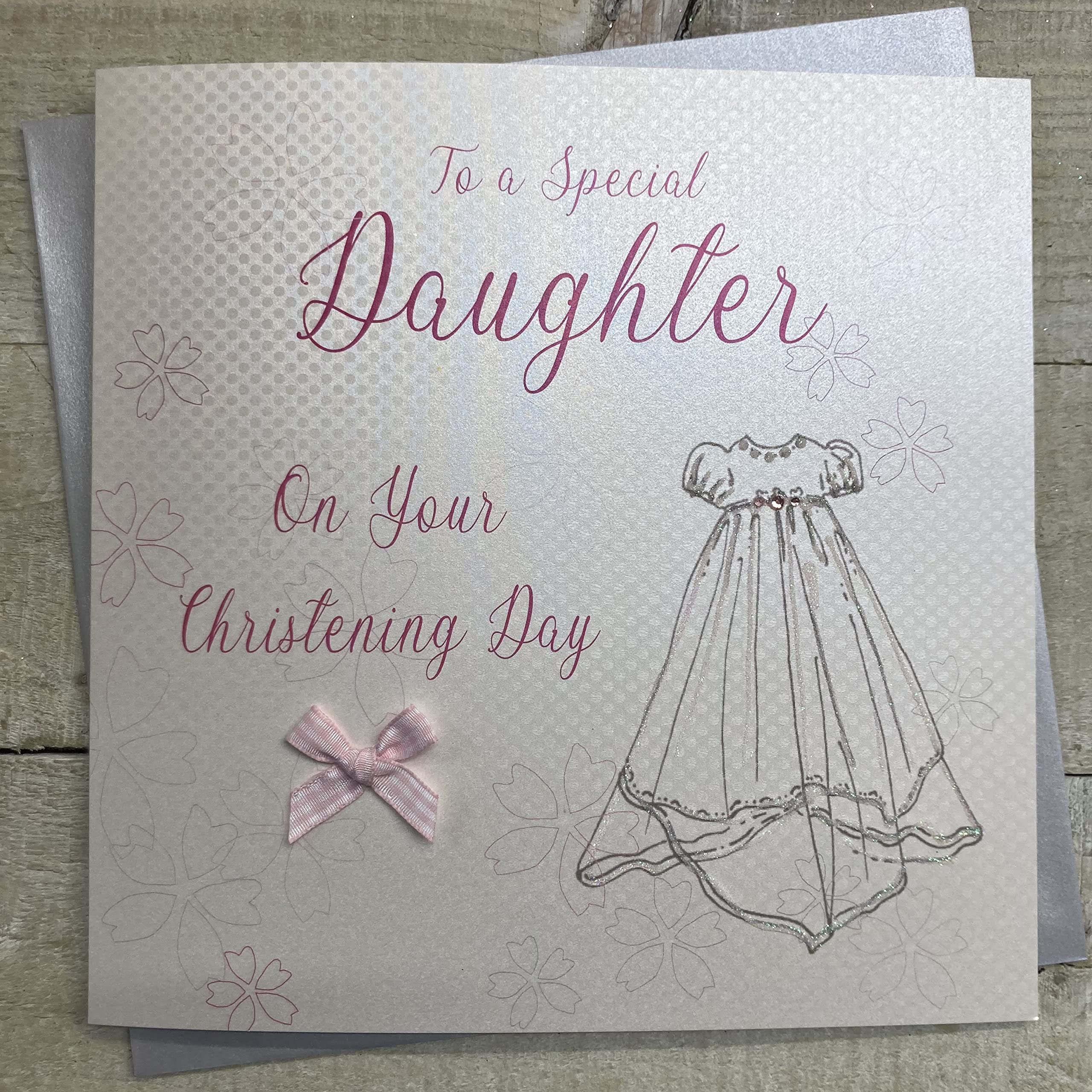 white cotton cards 1-Piece To A Special Daughter on Your Christening Day Extra-Large Handmade Christening Card, Pink Gown, 22cm x 22cm