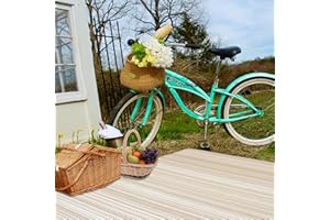 FH Home Outdoor Camping Rug - Waterproof, Fade Resistant, Reversible - Premium Recycled Plastic - Striped - Large Patio, Deck, Sunroom, RV - Havana - Beige - 9 x 12 ft Foldable