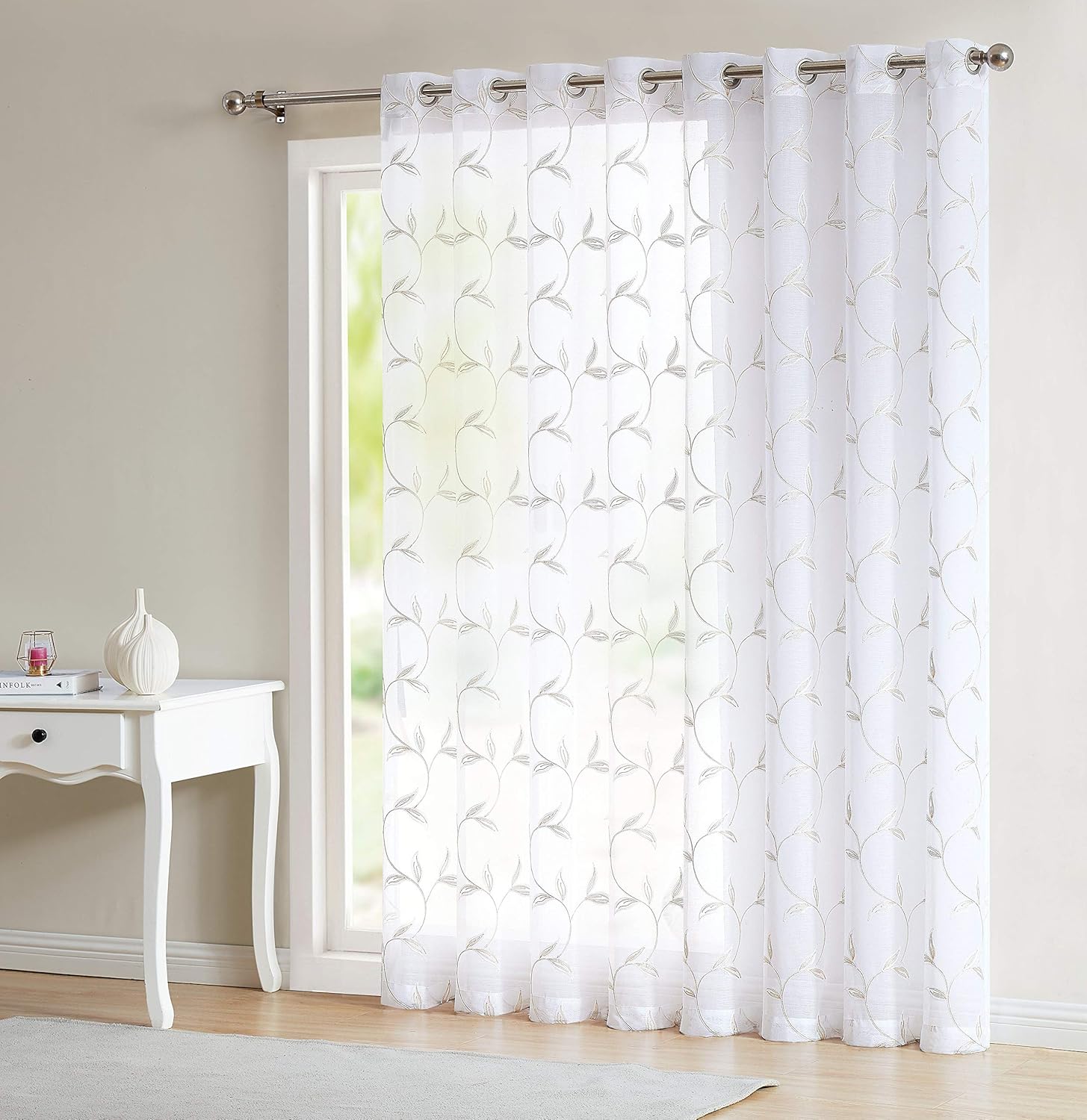 Outdoor Curtains - LINENZONE Sheer White Patio Door Curtain for Sliding Door with Golden Linen Leaf Embroidery. Extra Wide Curtains for Patio Doors, Glass Door Curtains, or Balcony Curtains. (Maria 102 x 84 Linen)