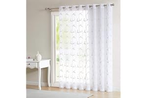 LINENZONE Sheer White Patio Door Curtain for Sliding Door with Golden Linen Leaf Embroidery. Extra Wide Curtains for Patio Doors, Glass Door Curtains, or Balcony Curtains. (Maria 102 x 84 Linen)