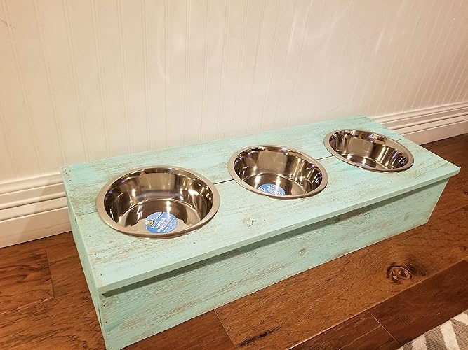 Amazon Com Turquoise Wood Raised Triple Dog Bowl Feeder Handmade