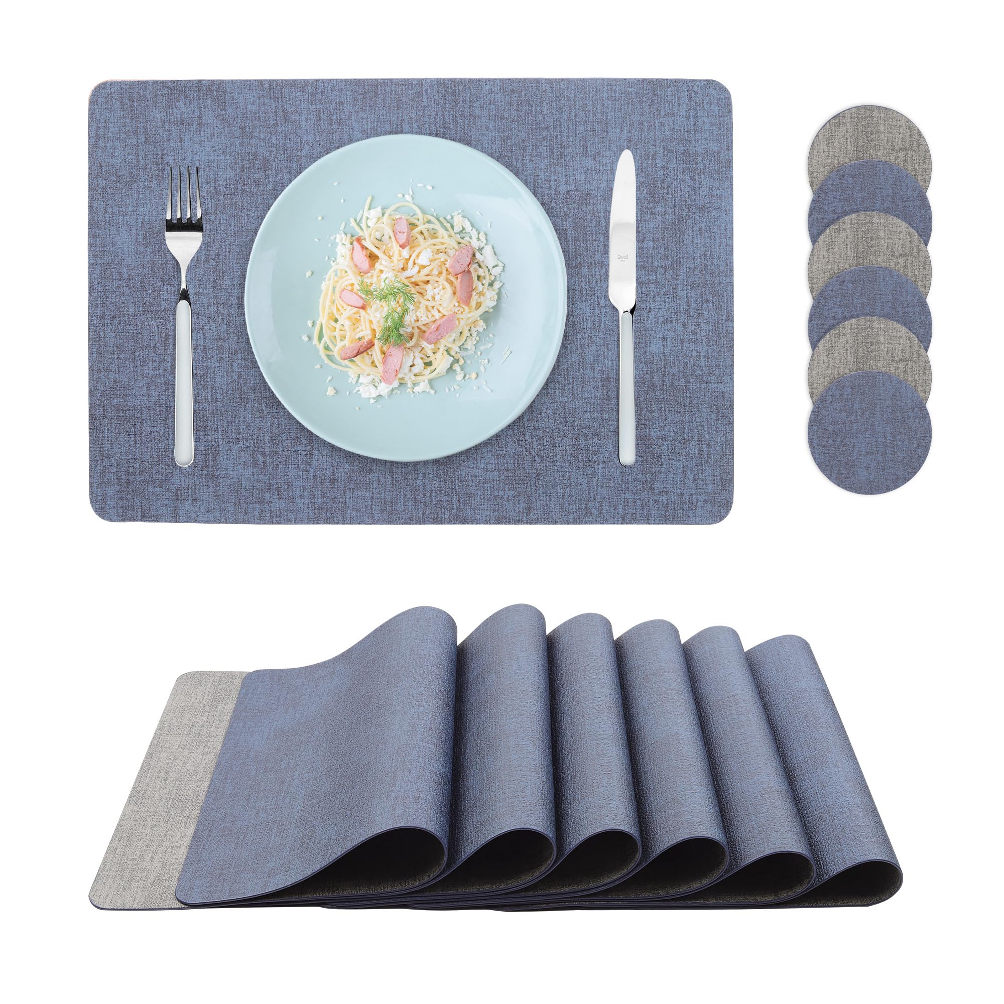 fanquare Double Sided Placemats and Coaster Set of 6 PU Leather Placemats Rectangular Blue Grey Non-slip Heat Resistant Table Mats for Home Dining Kitchen Restaurant Hotel 43 * 30cm