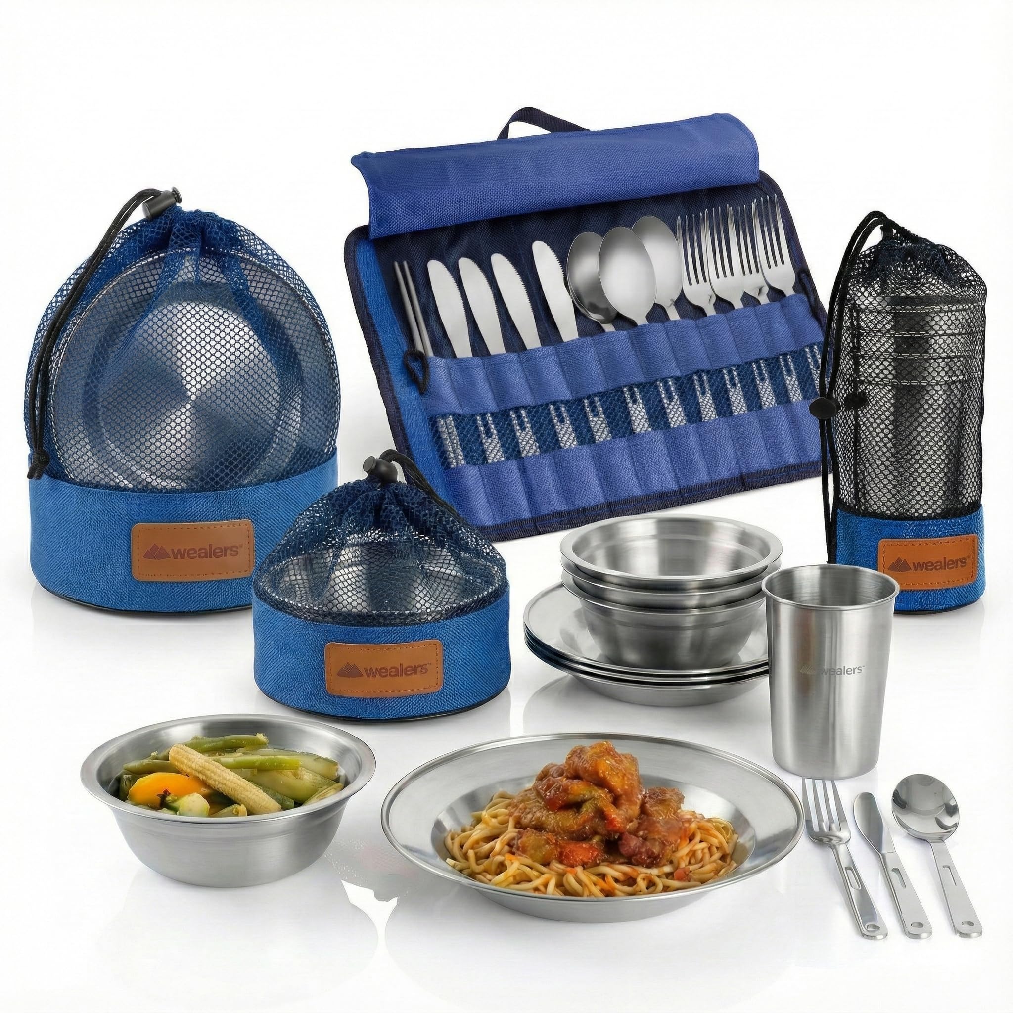 Wealers Unique Complete Messware Kit Polished Stainless Steel Dishes Set| Tableware| Dinnerware| Camping| Buffet| Includes - Cups | Plates| Bowls| Cutlery| Comes in Mesh Bags (4 Person Set) (Blue)