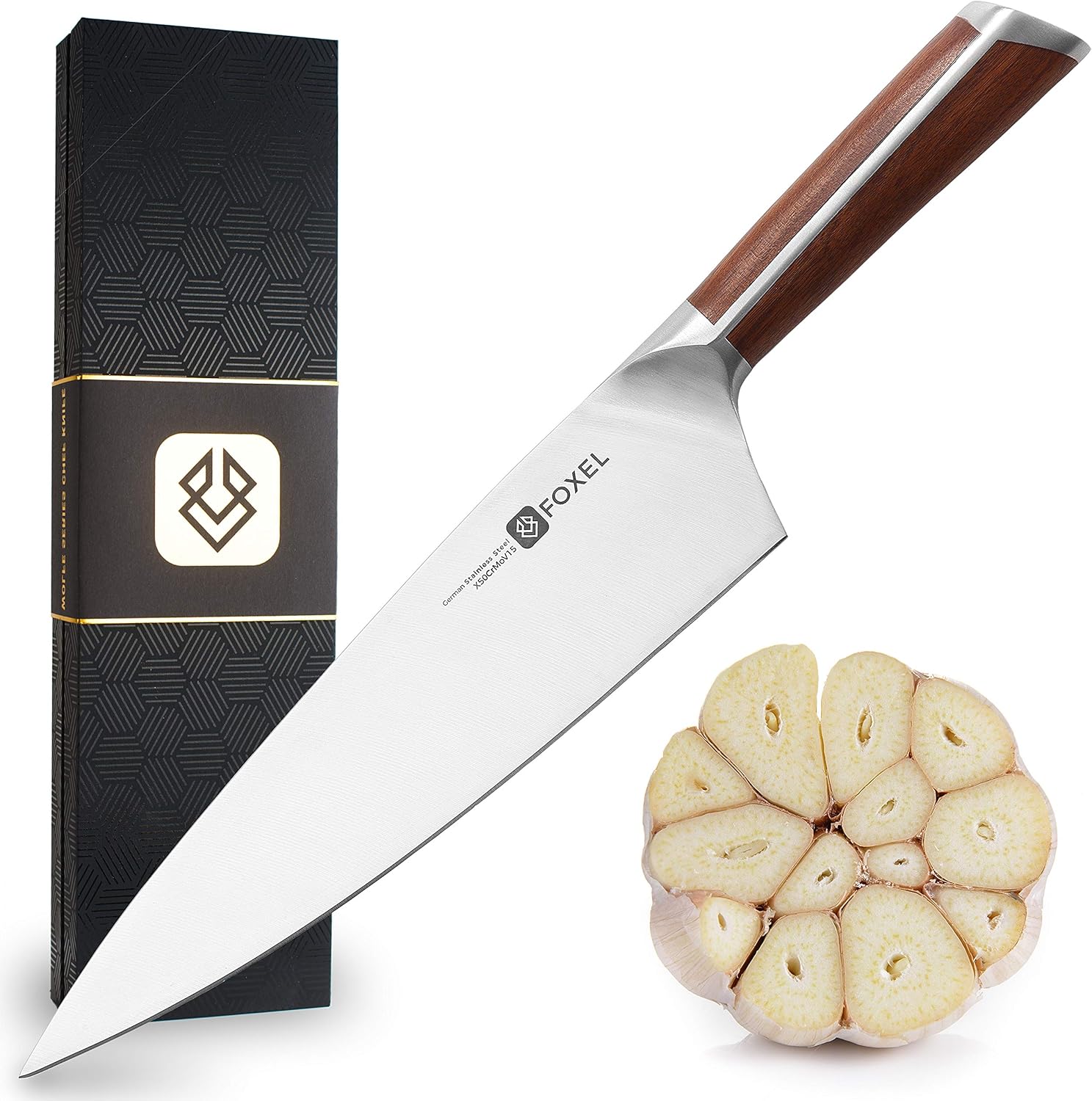 Cooking Chefs Knife 8 inch - Chef Kitchen Knives Razor Sharp - Made for Rugged Use - Chip Resistant German High Carbon Steel - Ergonomic Sandal Wood Handle - Japanese Inspired Designed in Detroit