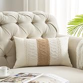 Mayler Yee Lumbar Throw Pillow Covers Set of 1 (Beige &amp; Brown, 12x20 Inch) | Linen Cotton Soft Cozy, Decorative Sofa Couch Pillow Cases, Textured Woven Single Striped, Boho Sytle for Living Room