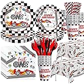 Xigejob Race Car 1st Birthday Party Supplies - Race Car Theme Fast One Birthday Decorations Tableware, Paper Plate, Napkin, Cup, Tablecloth, Disposable Cutlery | Serves 24