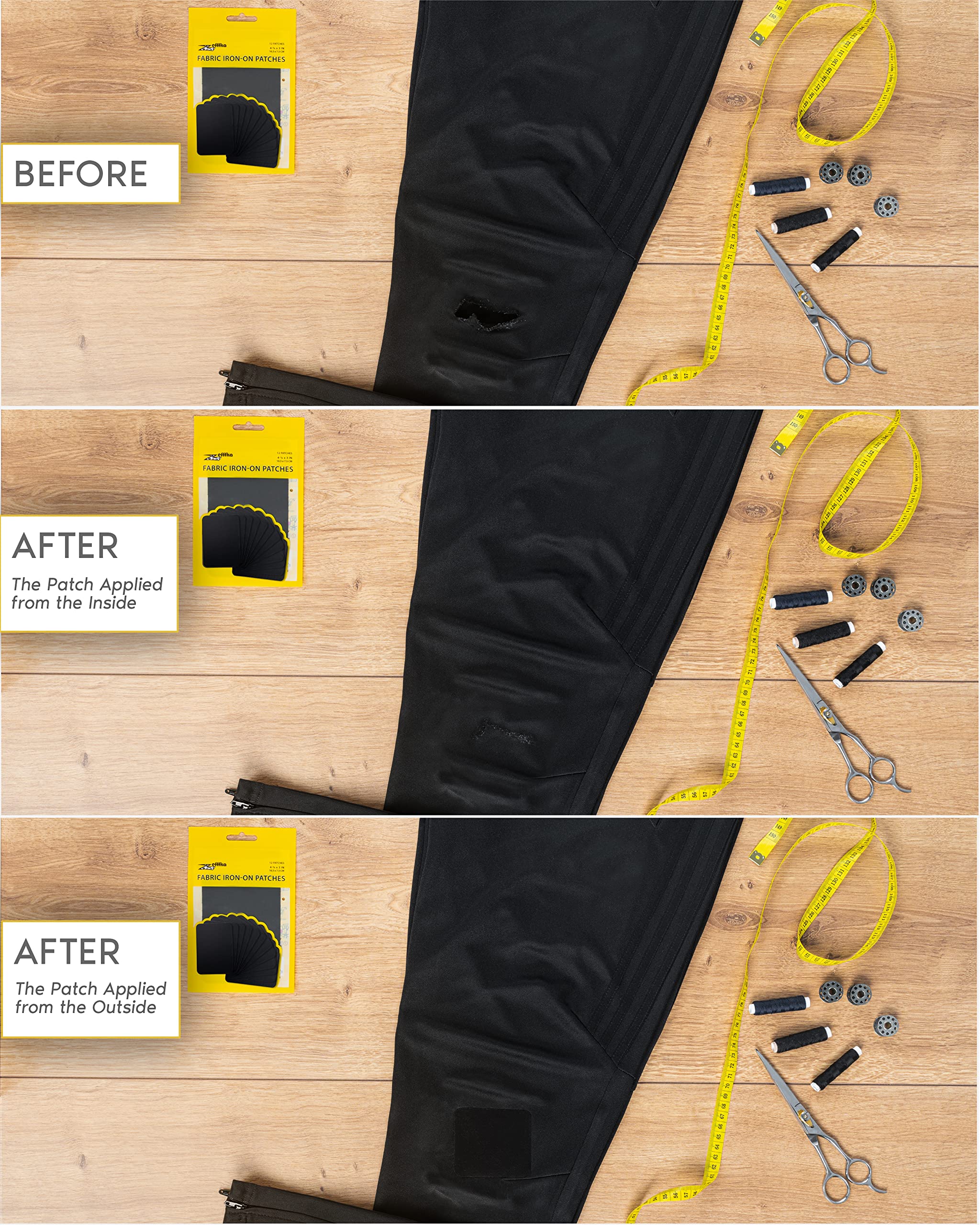 ZEFFFKA Premium Quality Fabric Iron-on Patches Inside & Outside Strongest Glue 100% Cotton Black Repair Decorating Kit 12 Pieces Size 3