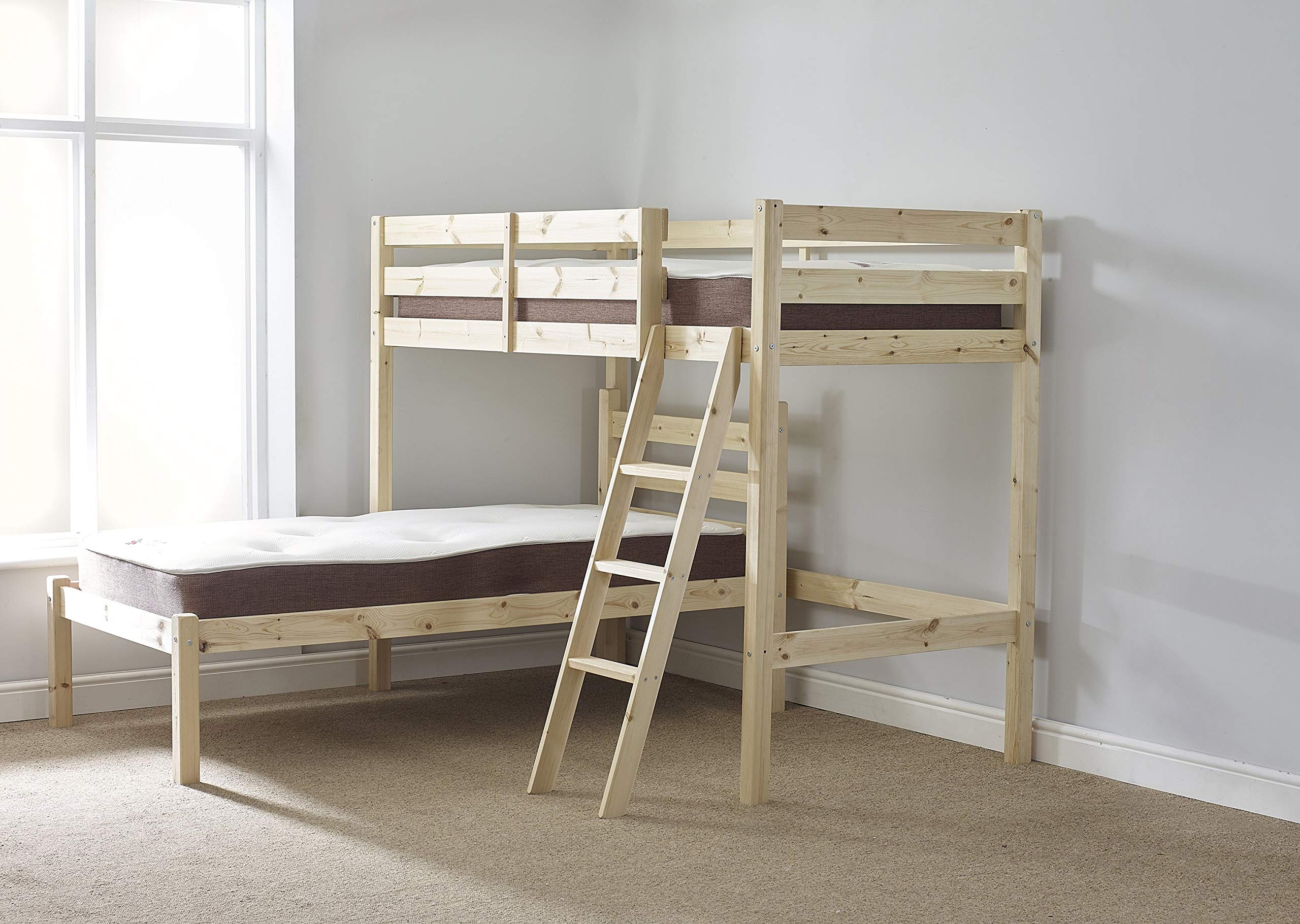STRICTLY BEDS&BUNKS Mandoline L Shaped Bunk Bed including Sprung Mattresses (20 cm), 3ft Single