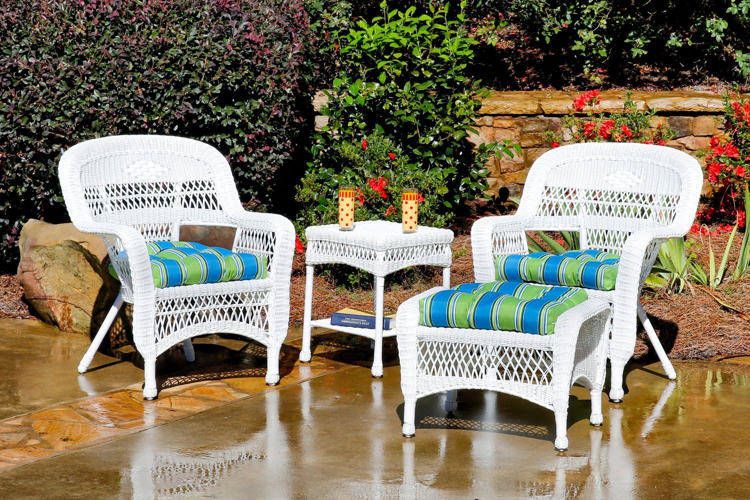 Tortuga Outdoor 4 Piece Chat Set with 2 Wicker Arm Chairs, Wicker Side Table and Ottoman - White Wicker (Haliwell Caribbean)