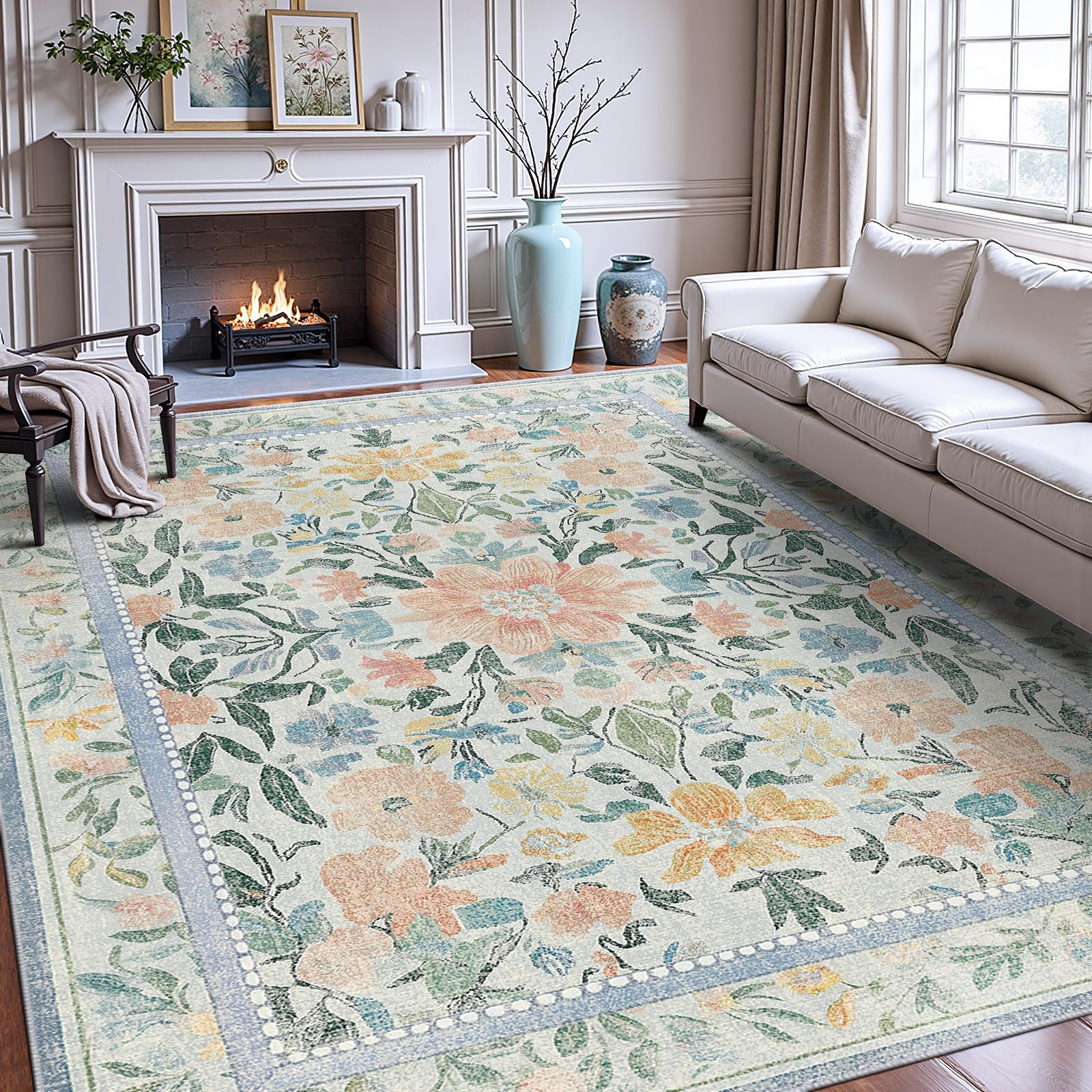 Photo 1 of 9x12 Boho Area Rug Non Slip Floral Washable Carpet for Bedroom Living Room Nursery Kids Playroom Home Decor Green