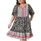Agnes Orinda Plus Size Summer Boho Floral Dresses for Women Tie Crew Neck Short Sleeve Midi Sun Dress Beach Flowy