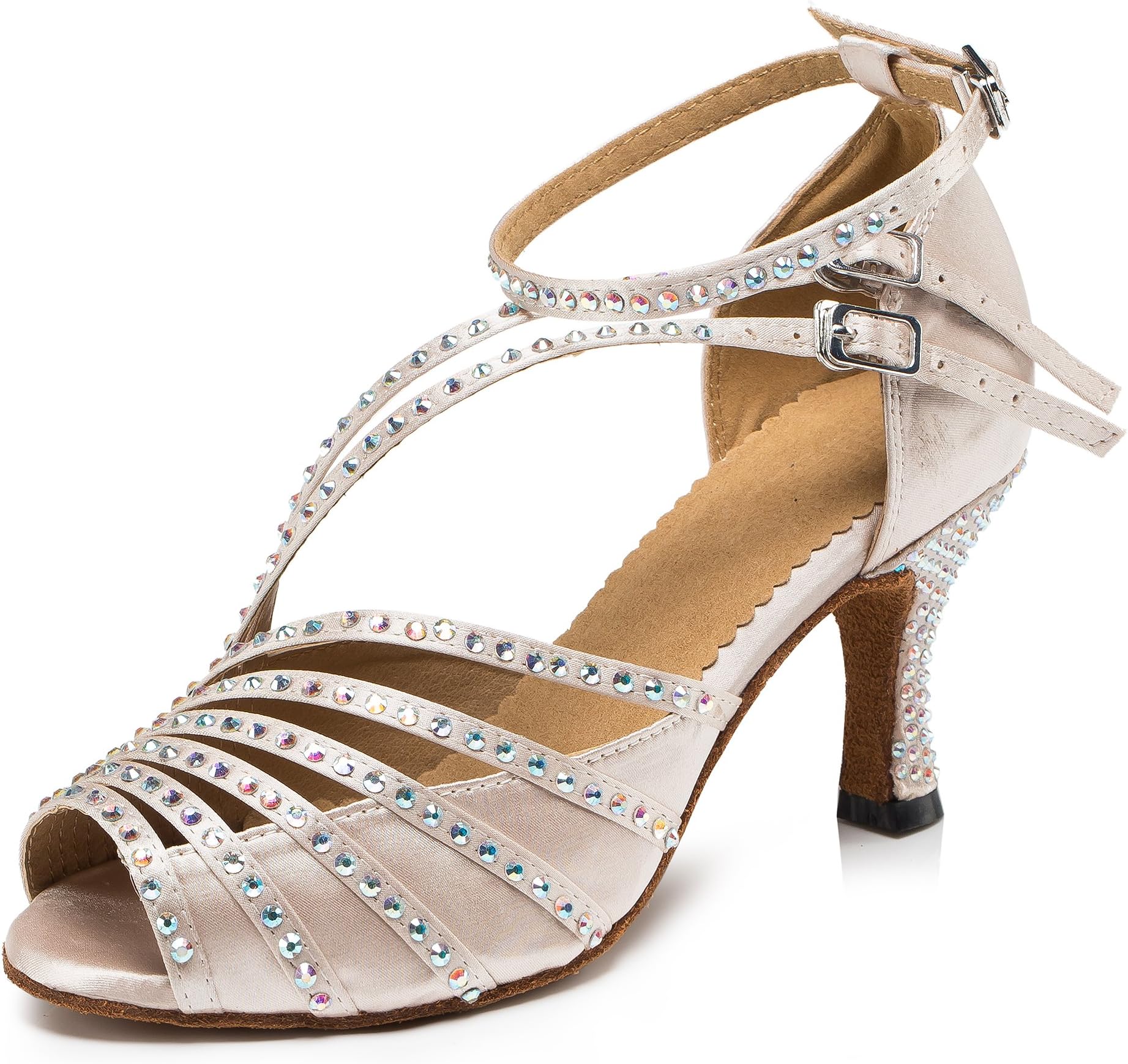URVIP Women's PU Leather Heels Pumps Modern Rhinestone Latin Tango Shoes Cross Ankle Strap Buckle Dance Shoes LD092